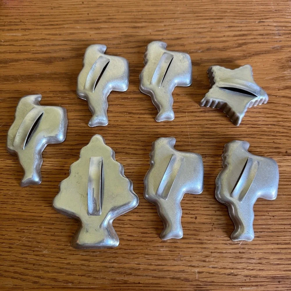 Vintage Aluminum Christmas Cookie Cutter Lot of 7 Santa Tree Star Silver Tone